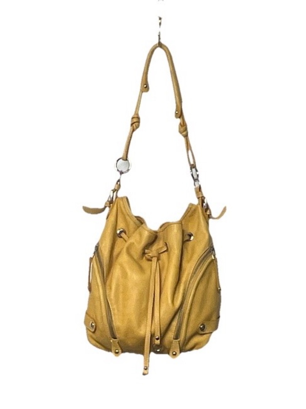 Nuovedine Mustard Yellow Leather Drawstring Hobo Bag